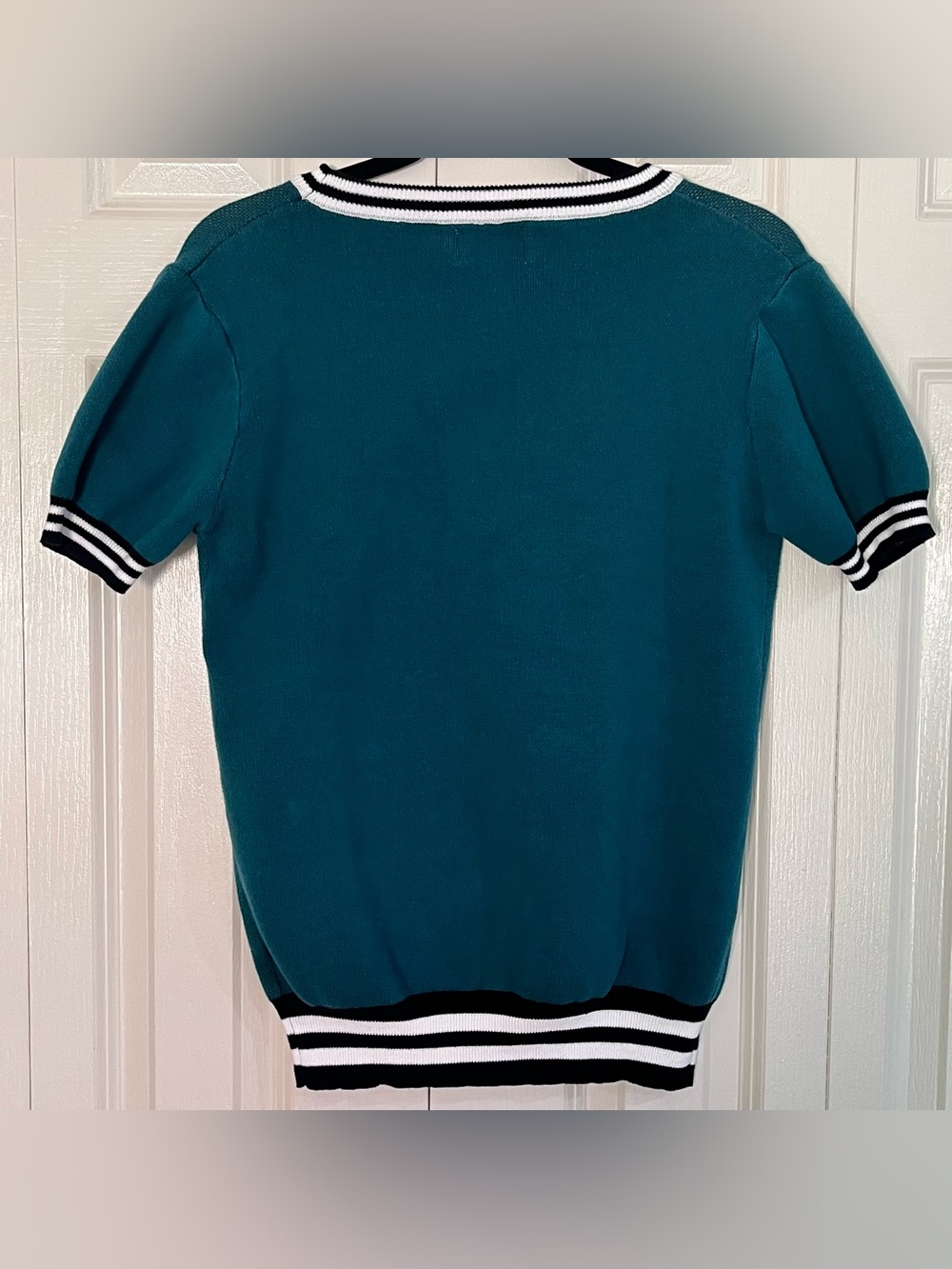 OXKNIT Boston Terrier Knit Sweater Top Size L Teal Short Sleeve Dog Graphic - Picture 3 of 6